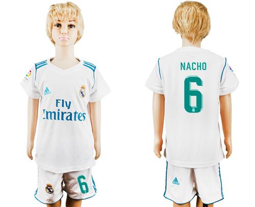 Real Madrid #6 Nacho White Home Kid Soccer Club Jersey - Click Image to Close